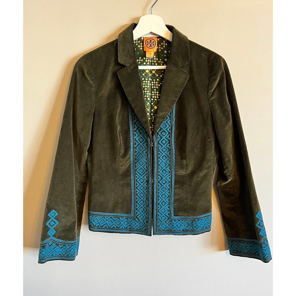 Tory Burch Olive Green Velvet Blazer with Turquoise Embroidered Trim
